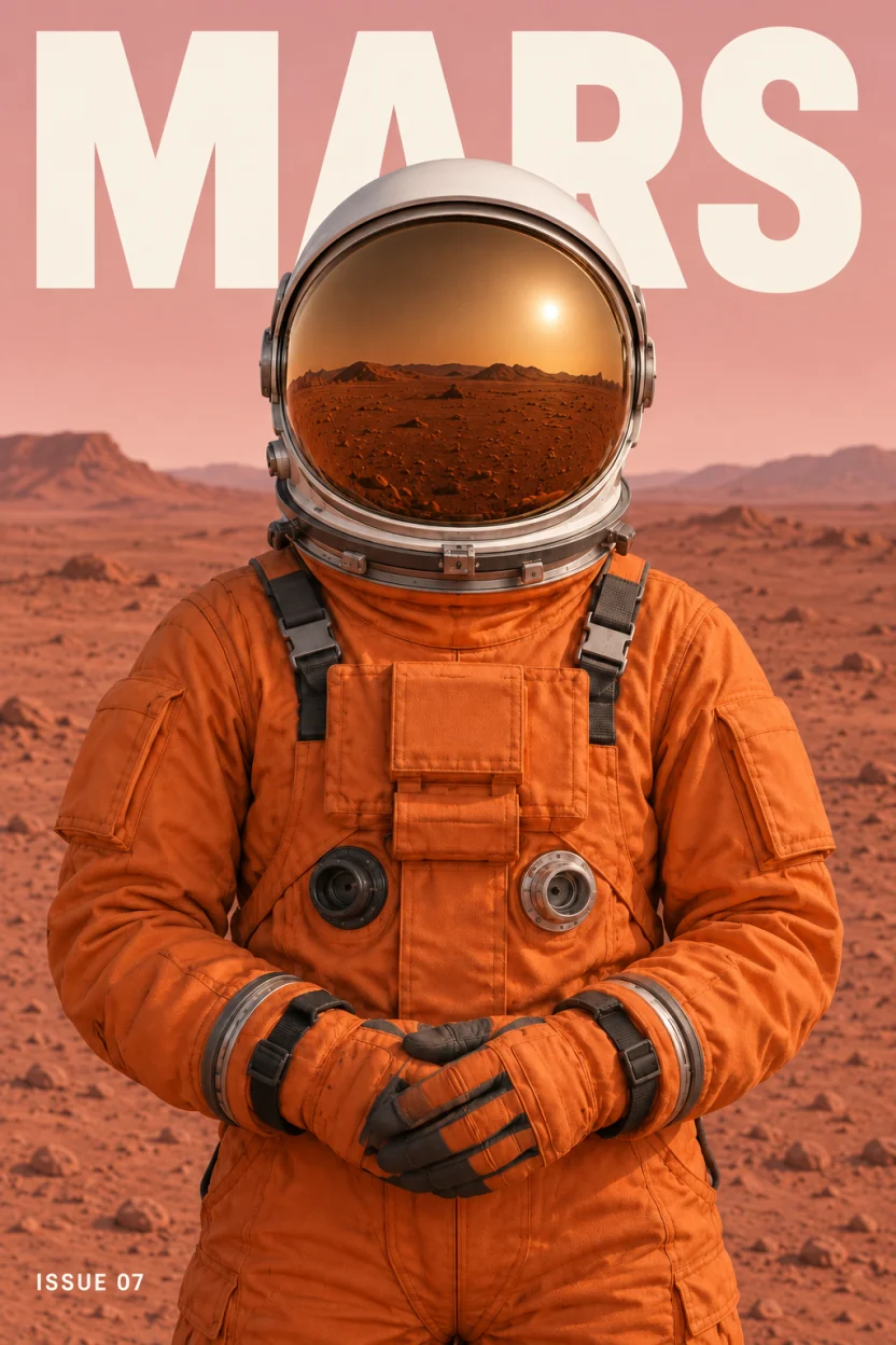 雑誌の表紙:宇宙飛行士を隠すと、ヘルメットの後ろにあった文字が補完されています。